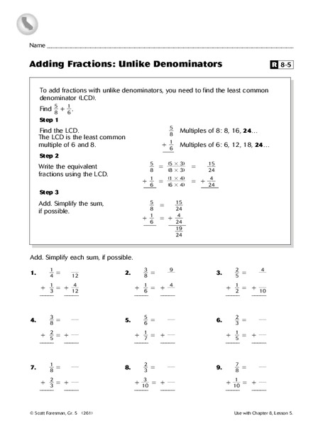 Adding Fractions: Unlike Denominators Worksheet