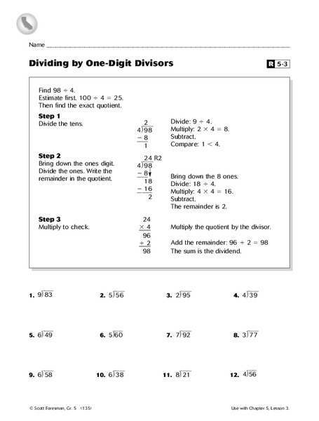 Dividing by One-Digit Divisors Worksheet