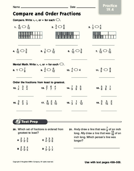 Compare and Order Fractions Worksheet