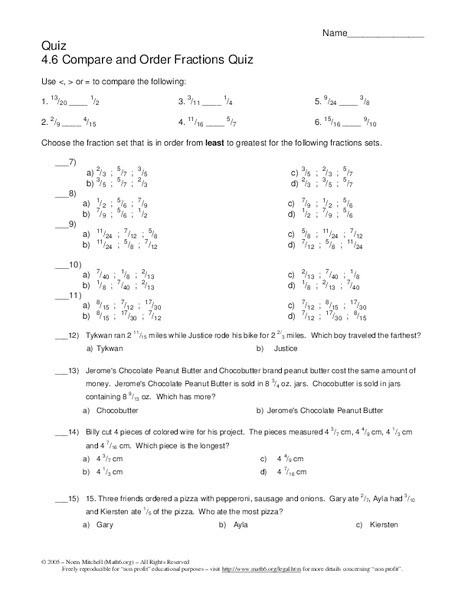 Compare and Order Fractions Worksheet