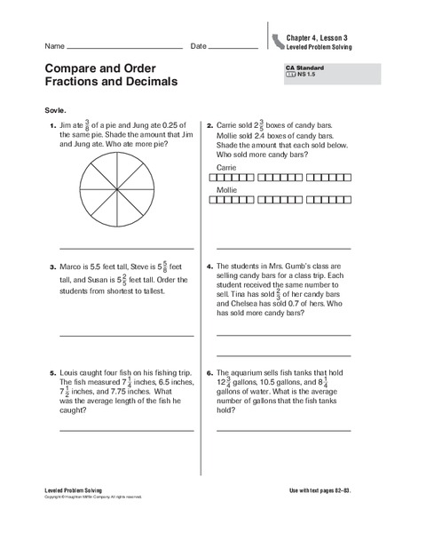 Compare and Order Fractions and Decimals Worksheet