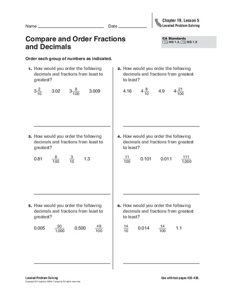 Compare and Order Fractions and Decimals Worksheet
