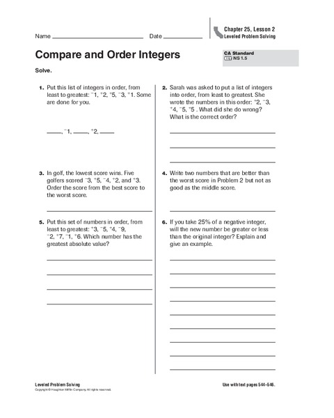 Compare and Order Integers Worksheet