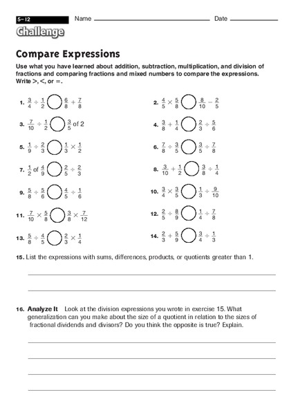 Compare Expressions Worksheet