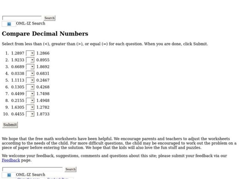 Compare Decimal Numbers Interactive