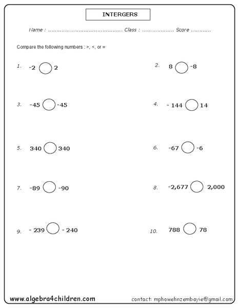 Compare Integers Worksheet