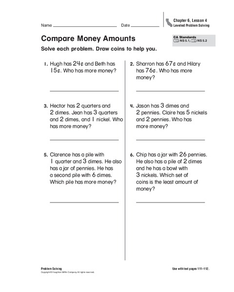 Compare Money Amounts Worksheet