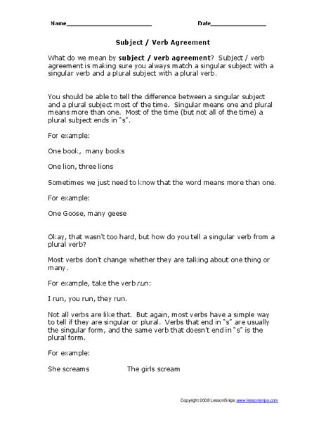 Subject / Verb Agreement Worksheet