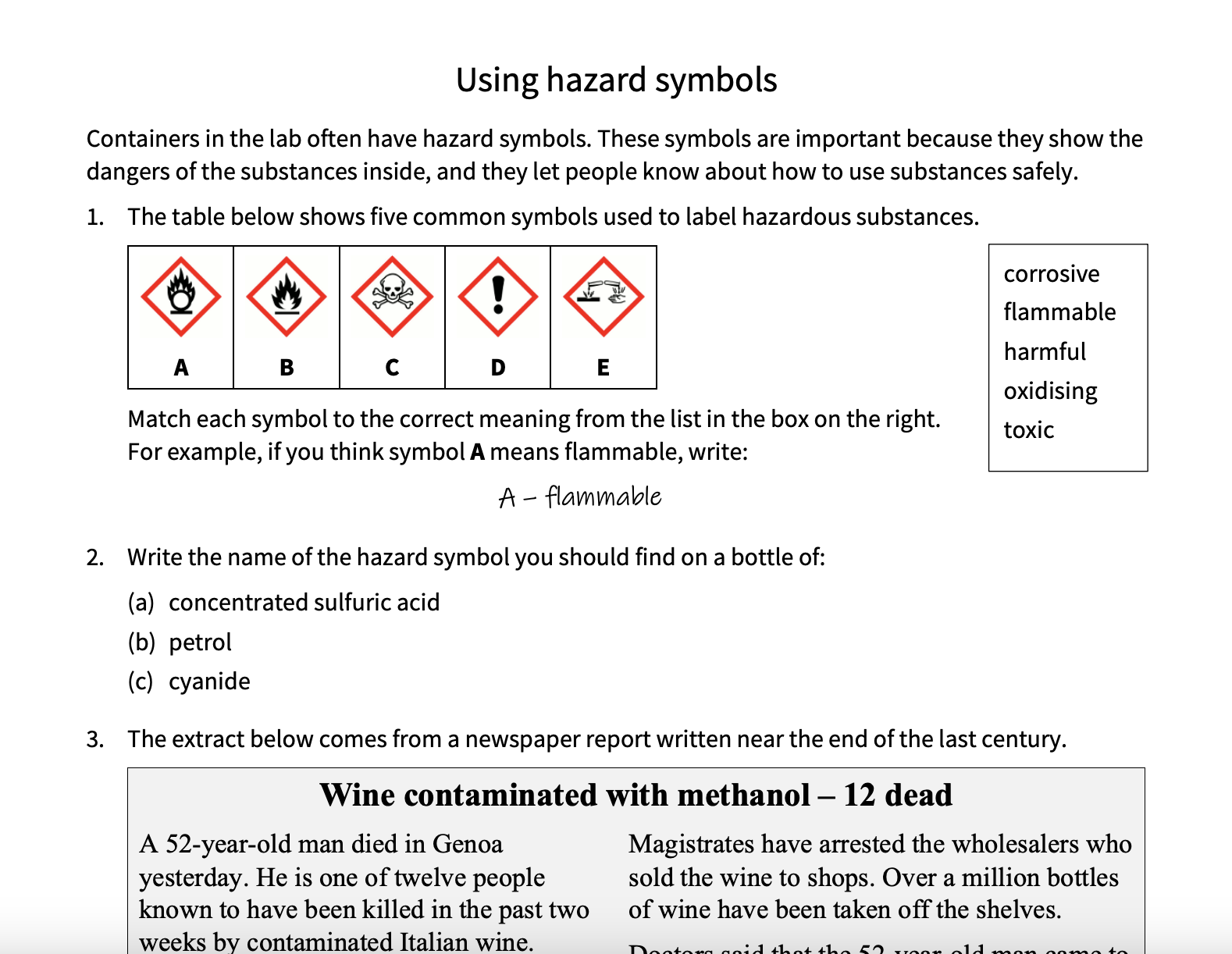 Using Hazard Symbols Worksheet