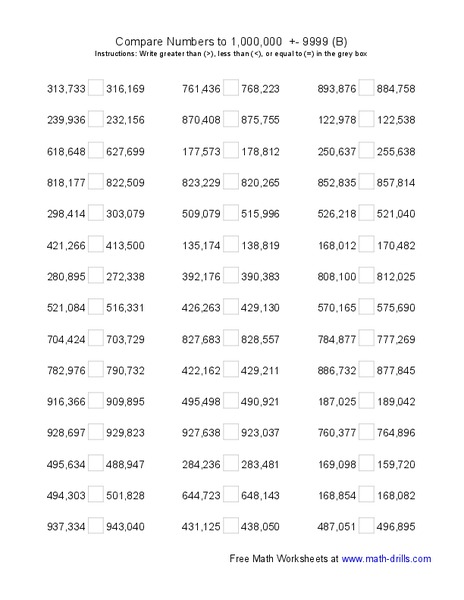 Compare Numbers to 1,000,000 Worksheet