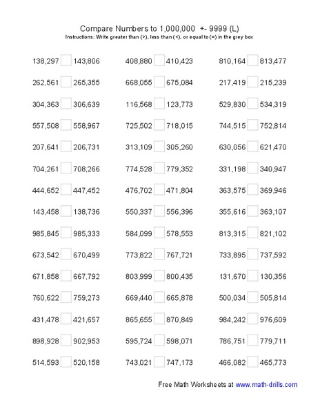 Compare Numbers to 1,000,000 (L) Worksheet