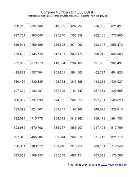 Compare Numbers to 1,000,000 (P) Worksheet