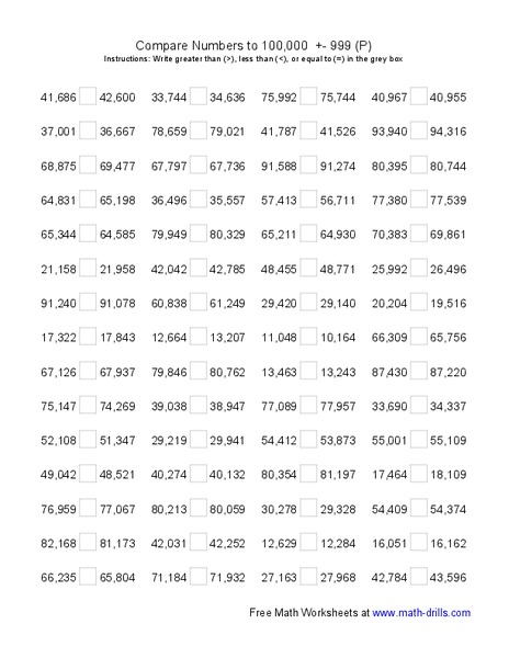 Compare Numbers to 100,000 (P) Worksheet