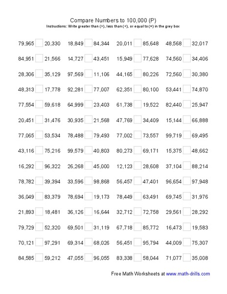 Compare Numbers to 100,000 (P) Worksheet
