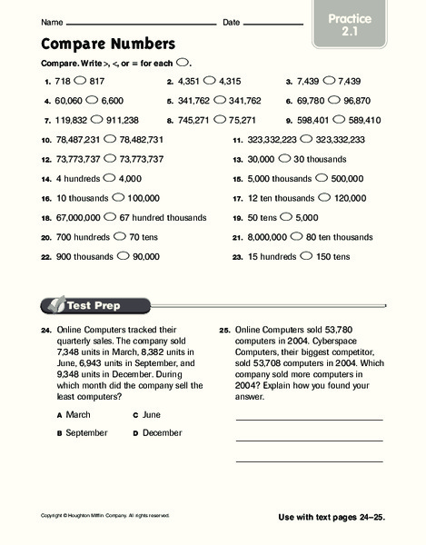 Compare Numbers Worksheet