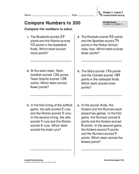 Compare Numbers to 200 Worksheet