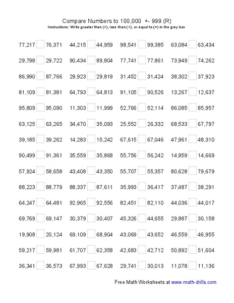 Compare Numbers to 100,000 (R) Worksheet