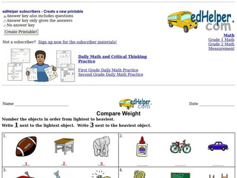 Compare Weight Worksheet