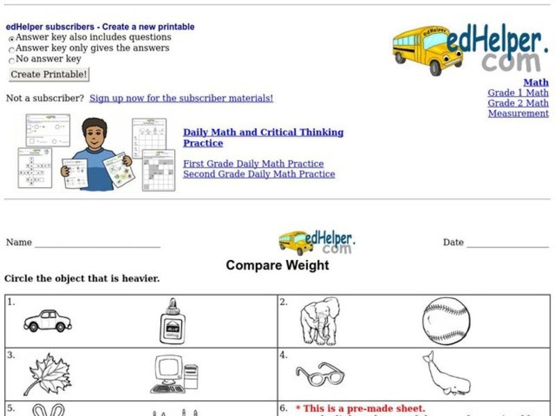 Compare Weight Worksheet