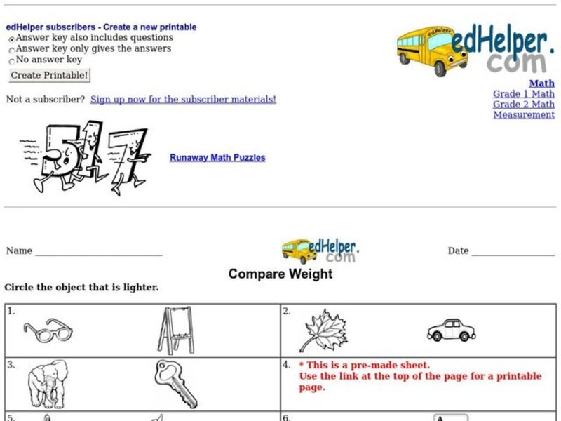 Compare Weight Worksheet