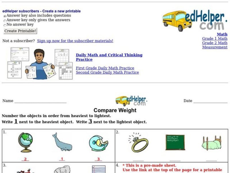 Compare Weight Worksheet