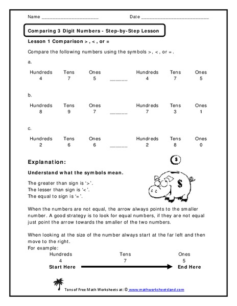 Comparing 3 Digit Numbers Worksheet