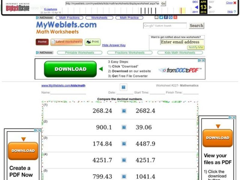 Compare the Decimal Numbers Worksheet