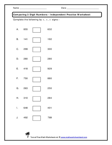 Comparing 3 Digit Numbers Worksheet