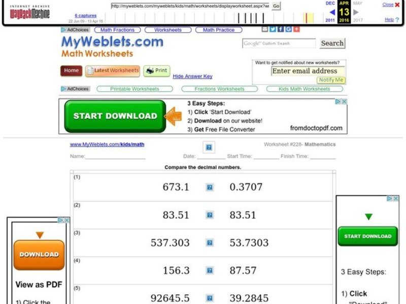 Compare the Decimal Numbers Worksheet