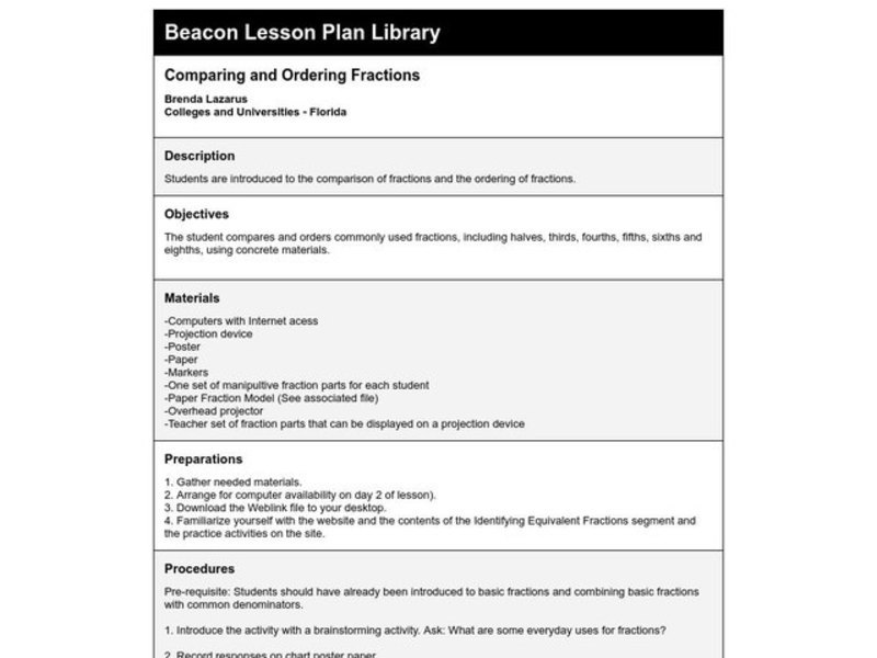 Comparing and Ordering Fractions Lesson Plan
