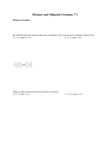 Distance and Midpoint Formulas Worksheet