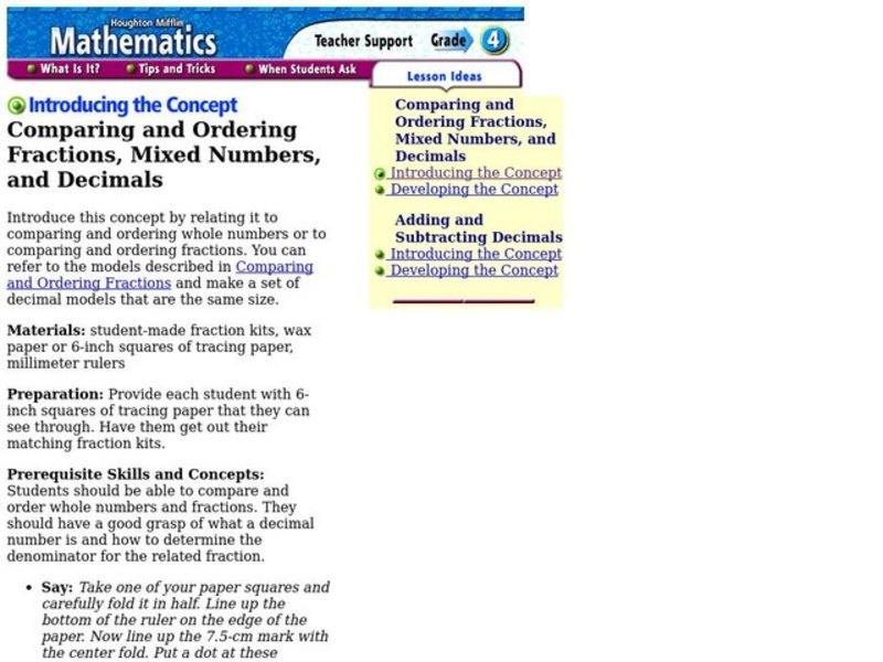 Comparing and Ordering Fractions, Mixed Numbers, and Decimals Lesson Plan