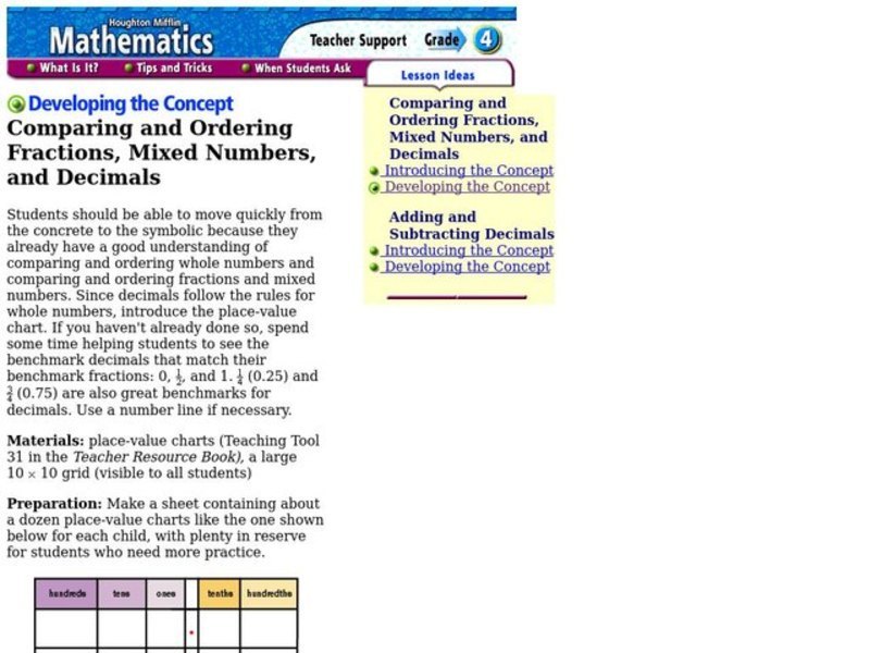 Comparing and Ordering Fractions, Mixed Numbers, and Decimals Lesson Plan