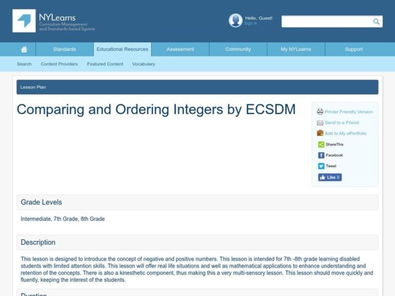 Comparing and Ordering Integers Lesson Plan
