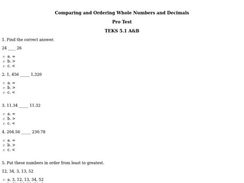 Comparing and Ordering Whole Numbers and Decimals Interactive