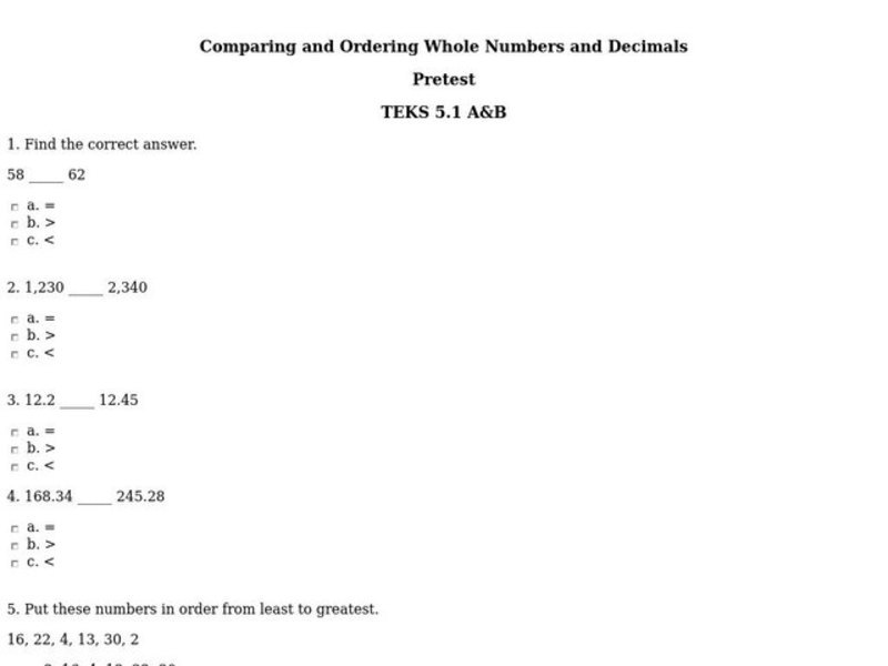 Comparing and Ordering Whole Numbers and Decimals Interactive