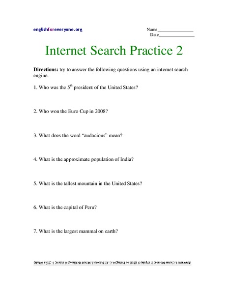 Internet Search Practice 2 Worksheet