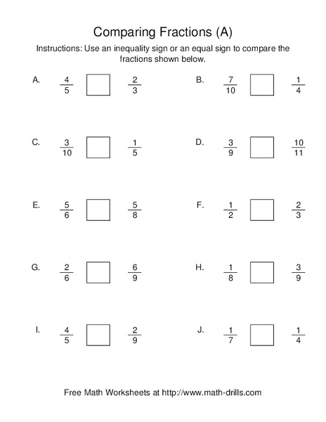 Comparing Fractions (A) Worksheet