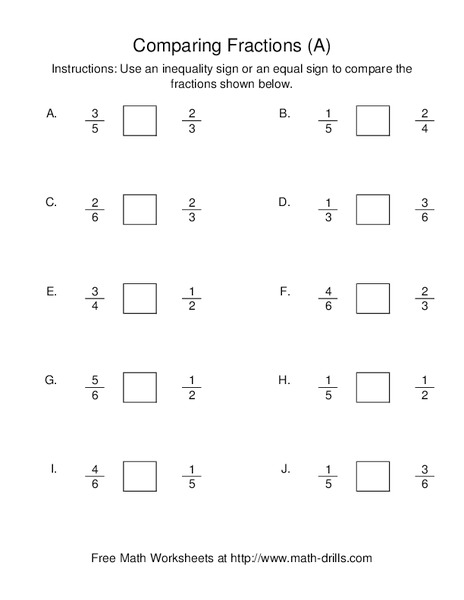 Comparing Fractions (A) Worksheet