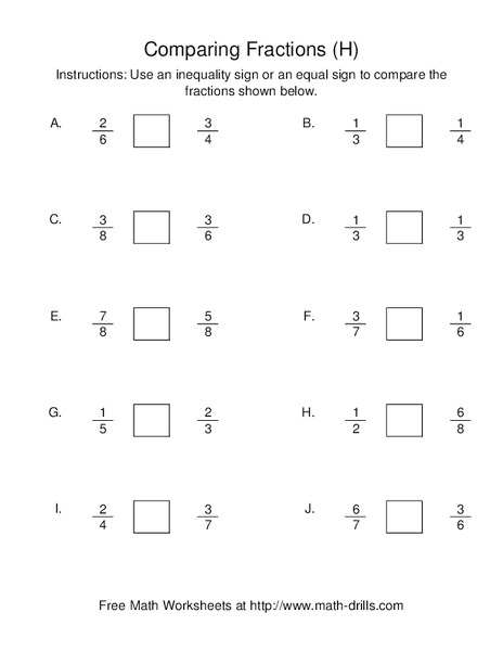 Comparing Fractions (H) Worksheet