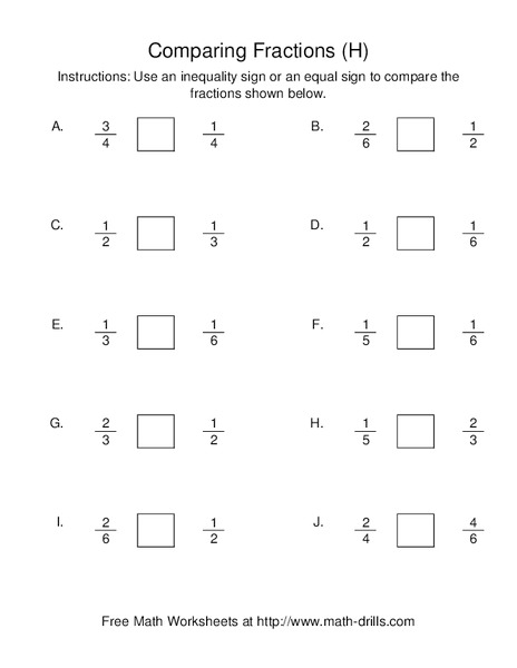 Comparing Fractions (H) Worksheet