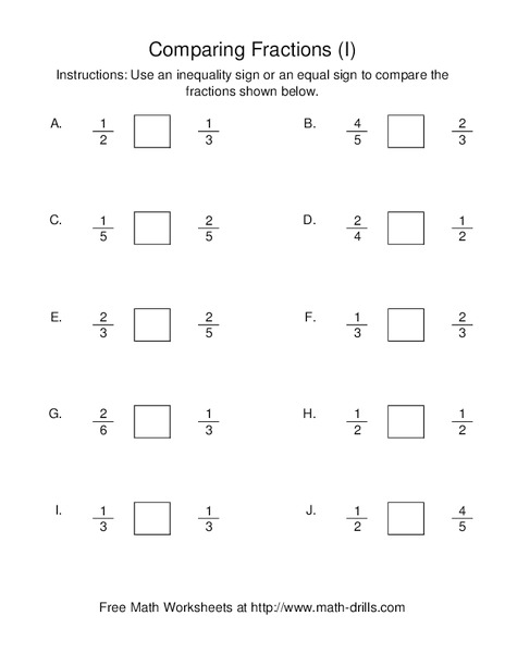 Comparing Fractions (I) Worksheet