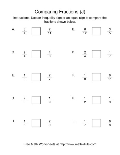 Comparing Fractions (J) Worksheet