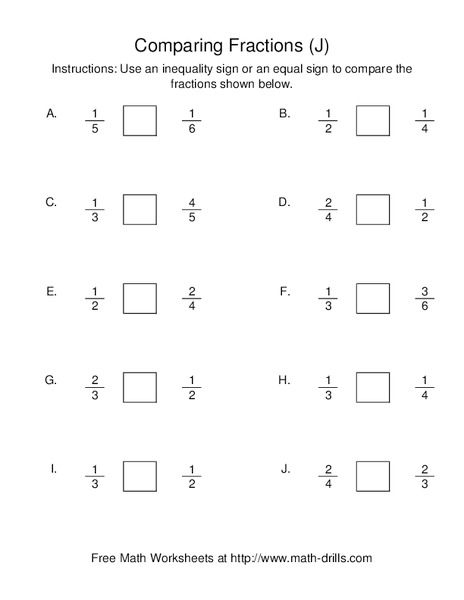 Comparing Fractions (J) Worksheet