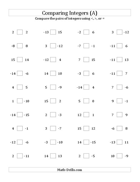 Comparing Integers Worksheet