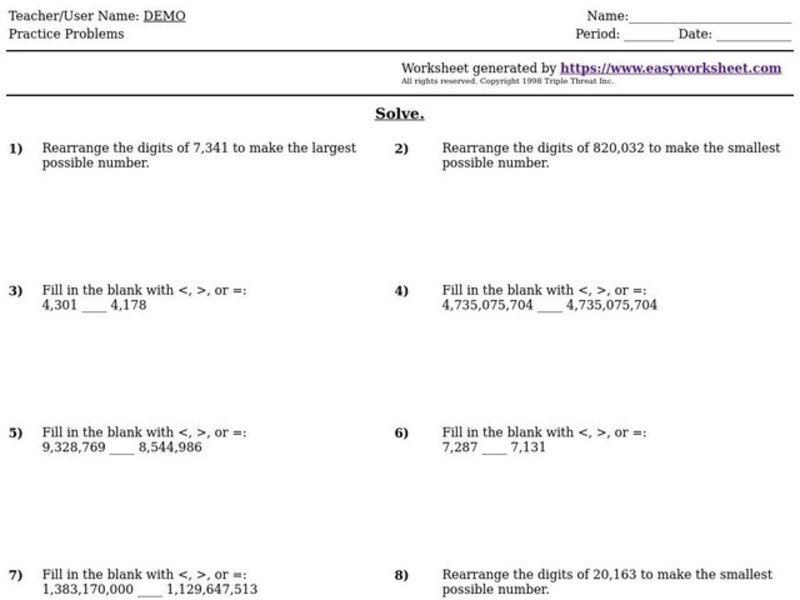 Comparing Large Numbers Worksheet