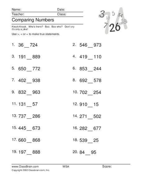 Comparing Numbers Worksheet