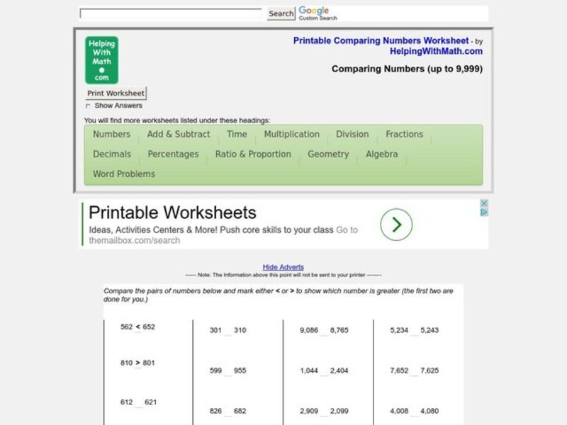 Comparing Numbers Worksheet