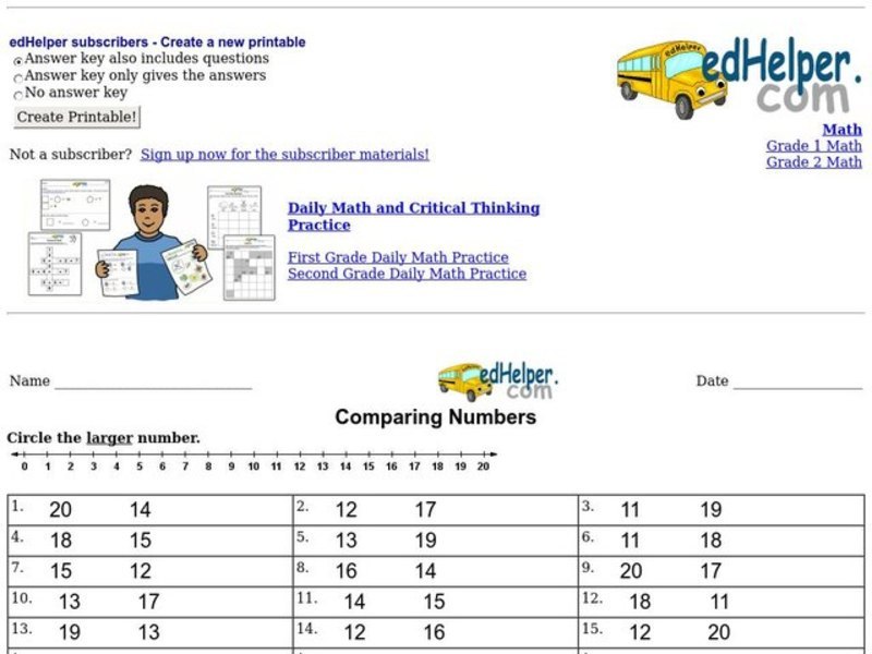 Comparing Numbers Worksheet
