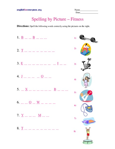 Spelling by Picture - Fitness Worksheet